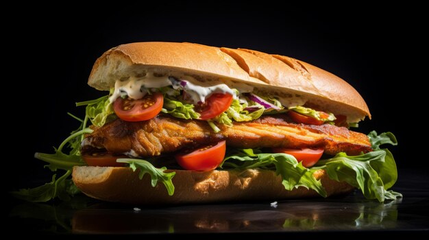 Delizioso panino di pesce con pomodori freschi e lattuga