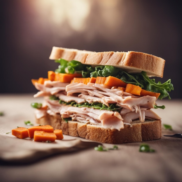 Delizioso panino di tacchino affumicato su una tavola di legno