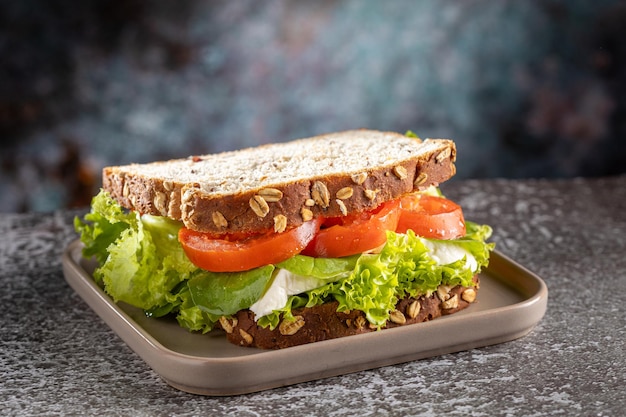 Delizioso panino naturale con lattuga pomodoro rucola e formaggio bianco