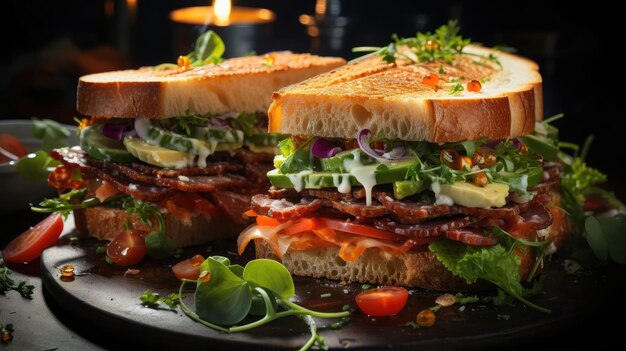 Delizioso panino pieno di carne e verdure sullo sfondo nero e sfocato