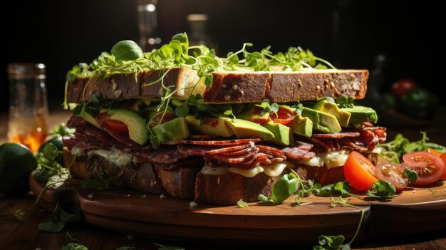 Delizioso panino pieno di carne e verdure sullo sfondo nero e sfocato