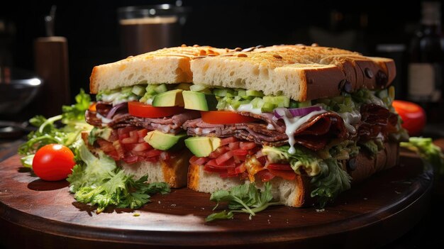 Delizioso panino pieno di carne e verdure sullo sfondo nero e sfocato