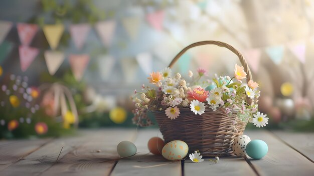 Delizioso pavimento in legno per la Pasqua con decorazioni colorate e spirito festivo