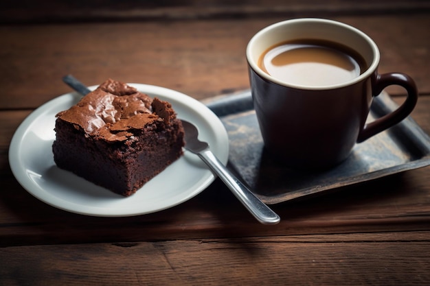 Delizioso pezzo di brownie insieme a un gustoso caffè caldo o cappuccino su un tavolo di legno in una caffetteria o in un ristorante generativo ai