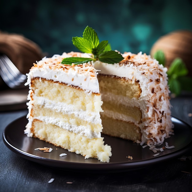 Delizioso pezzo di torta al cocco fatto in casa su un piatto