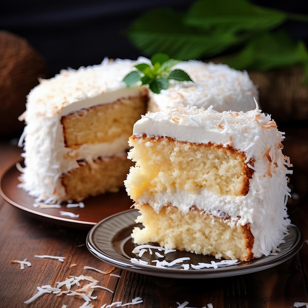 Delizioso pezzo di torta al cocco fatto in casa su un piatto