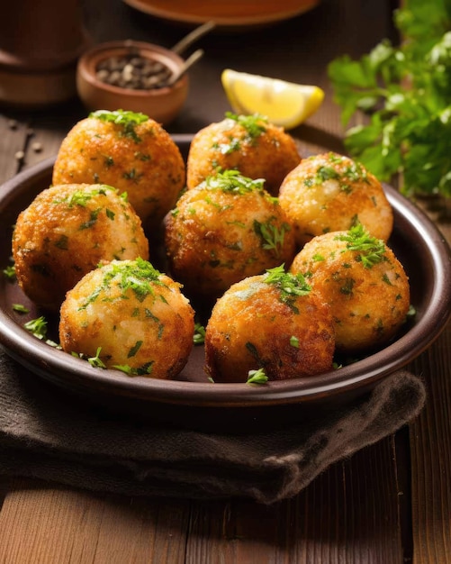 Delizioso piatto di cibo brasiliano Bolinho de Bacalhau con sfondo scuro per studio