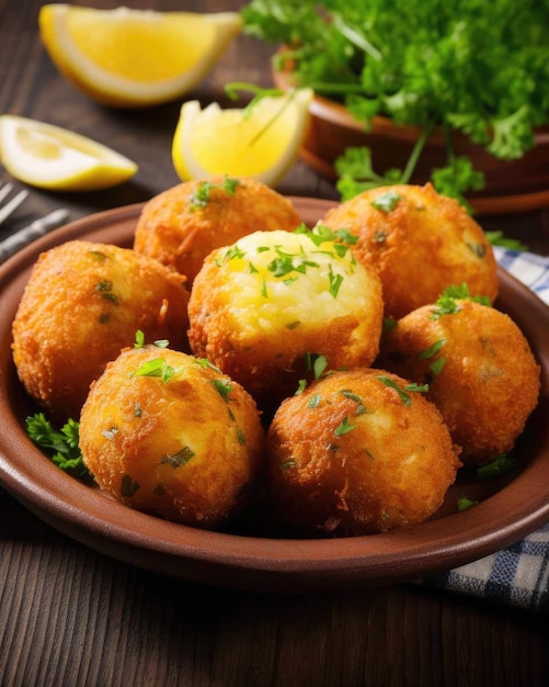 Delizioso piatto di cibo brasiliano Bolinho de Bacalhau con sfondo scuro per studio