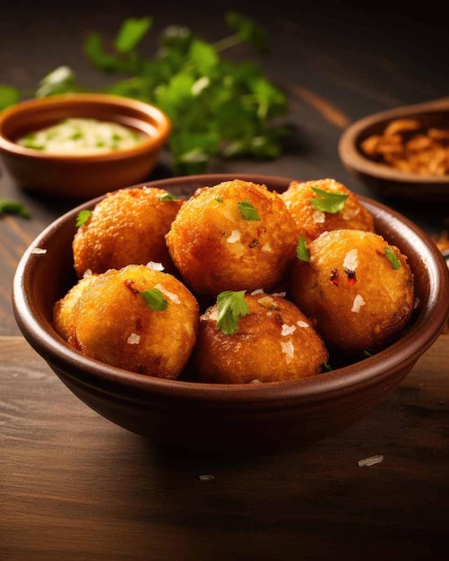 Delizioso piatto di cibo brasiliano Bolinho de Bacalhau con sfondo scuro per studio