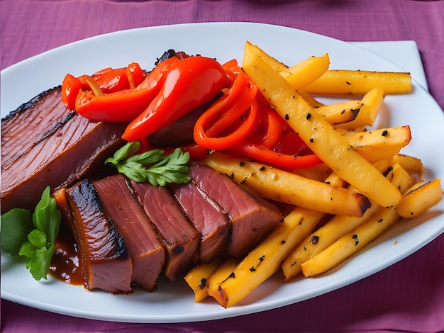 Delizioso piatto di cibo brasiliano carne fritta con salsa di riso vegetale e patatine fritte AI generativa