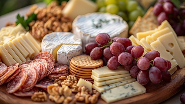 Delizioso piatto di formaggio adornato con frutta fresca e noci perfetto per i raduni AI generativa