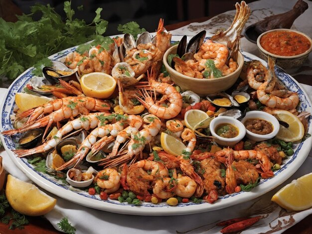 Delizioso piatto di frutti di mare su un piatto Abbondanza di delizie culinarie