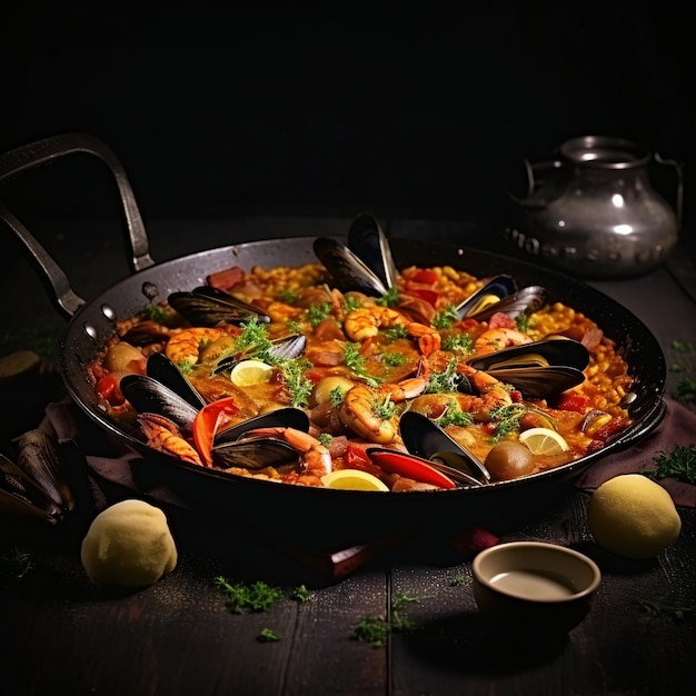 Delizioso piatto di paella con cozze e gamberetti generato dall'intelligenza artificiale