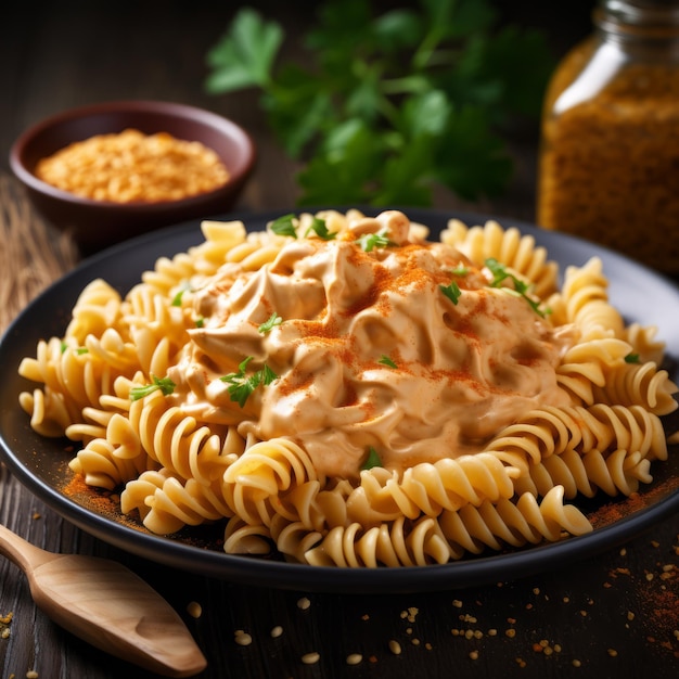 Delizioso piatto di pasta al gusto di bufala su sfondo di legno nero