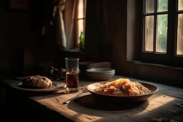 Delizioso piatto di pasta con olio su un tavolo con un pane AI generativa