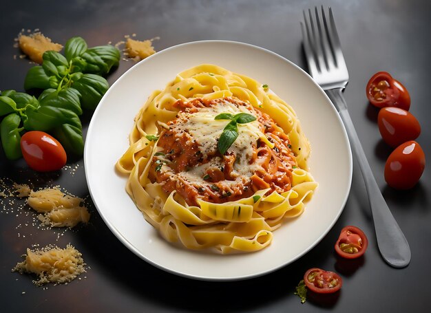 Delizioso piatto di pasta con salsa su sfondo scuro Perfetto per il cibo e i temi della cucina italiana