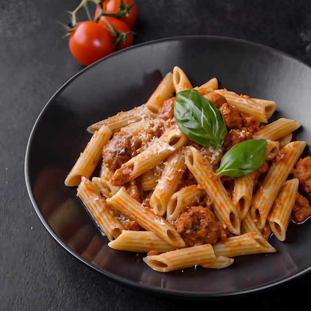 Delizioso piatto di pasta con salsa su sfondo scuro Perfetto per il cibo e i temi della cucina italiana