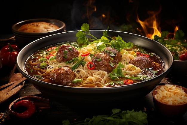 Delizioso piatto di polpette con tagliatelle e brodo servito in una ciotola nera