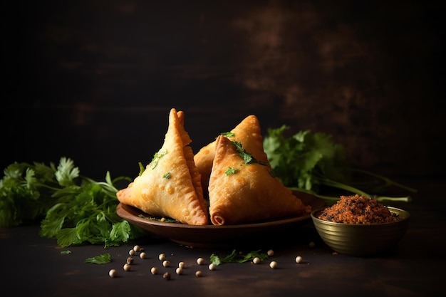 delizioso piatto di samosa e chutney indiani