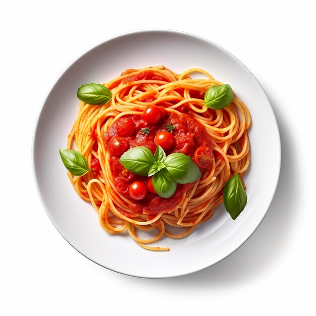 Delizioso Piatto di Spaghetti con Salsa di Pomodoro su sfondo bianco IA generativa