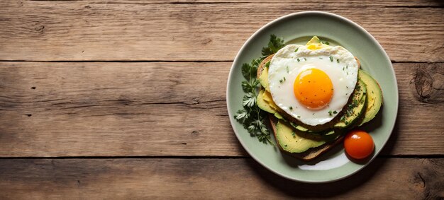 Delizioso piatto di toast di avocado con un uovo fritto isolato su uno spazio di copia di sfondo di legno