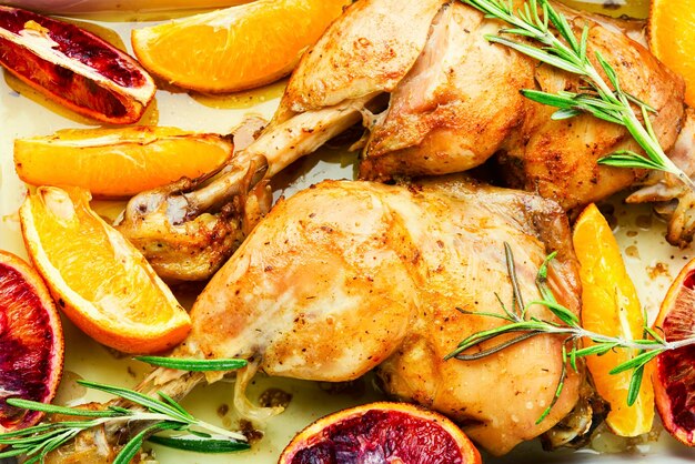 Delizioso pollo al forno con arance e rosmarino in teglia