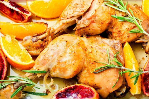 Delizioso pollo al forno con arance e rosmarino in teglia