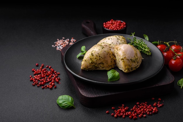 Delizioso pollo alla griglia succosa con sale spezie ed erbe aromatiche con verdure