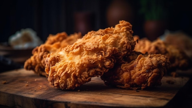 Delizioso pollo fritto su una tavola di legno con sfondo nero