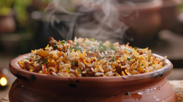 delizioso pollo handi biryani che rilascia vapore