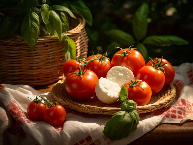 Delizioso pomodoro fresco e mozzarella Illustrazione orizzontale fotorealistica Classico e rinfrescante duo italiano Ai Generato in un'illustrazione luminosa sullo sfondo della natura Pomodoro e mozzarella