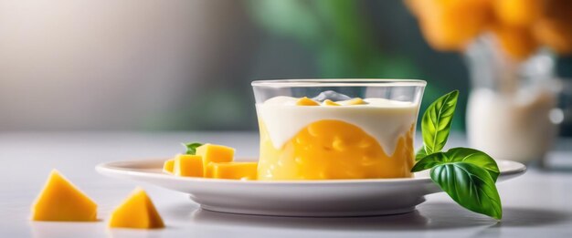 Delizioso pudding di mousse di mango panna cotta a doppio colore con carne di polpa di mango tagliata a dadi sullo sfondo di tavolo in legno cucina italiana