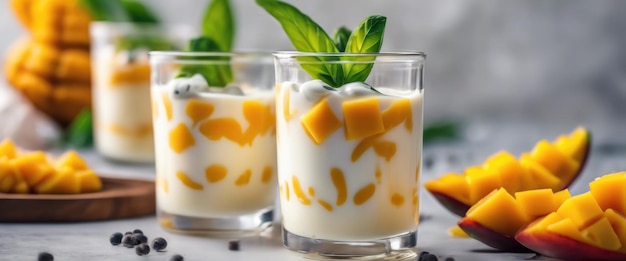 Delizioso pudding di mousse di mango panna cotta a doppio colore sullo sfondo di tavolo in legno