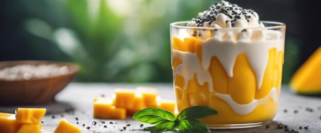 Delizioso pudding di mousse di mango panna cotta a doppio colore sullo sfondo di tavolo in legno