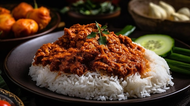 Delizioso rendang su una tavola di legno con sfondo nero