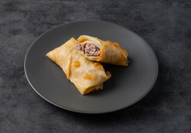 Delizioso rotolo di cavolo con carne di maiale, manzo o pollo su un piatto su uno sfondo scuro e isolato Concetto di cibo dietetico domestico sano Spazio libero per il testo