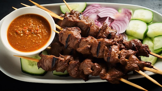 Delizioso satay di manzo allo spiedo e grigliato alla perfezione servito con salsa aromatica di arachidi