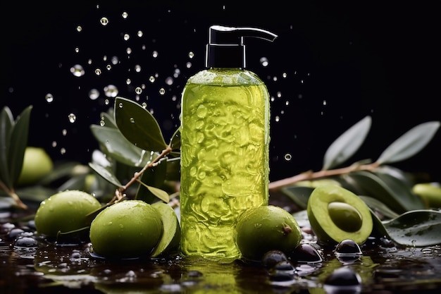 Delizioso shampoo d'oliva con gocce sullo sfondo