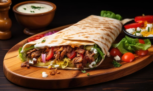 Delizioso shawarma servito su una tavola di legno in un ambiente rustico Delizioso burrito con ingredienti freschi Creato con strumenti di intelligenza artificiale generativa