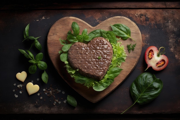 Delizioso spuntino caldo a forma di hamburger a forma di cuore con carne di manzo e foglie di insalata fresca