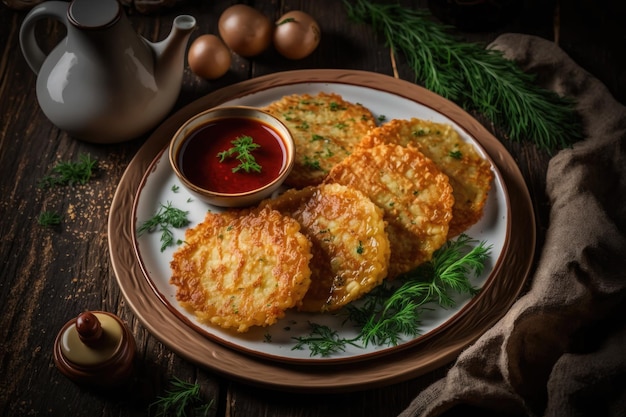 Delizioso spuntino veloce sotto forma di frittelle di patate fritte con salsa ed erbe intorno al piatto