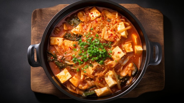 Delizioso stufato coreano di kimchi con tofu su sfondo bianco generato da IA generato da AI