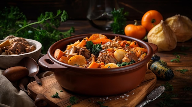 Delizioso stufato di verdure cotte con carne arrosto sulla tavola di legno