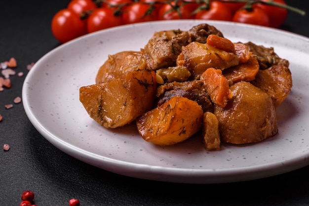 Delizioso stufato fresco cucinato con carne di maiale o manzo con patate carote spezie ed erbe aromatiche