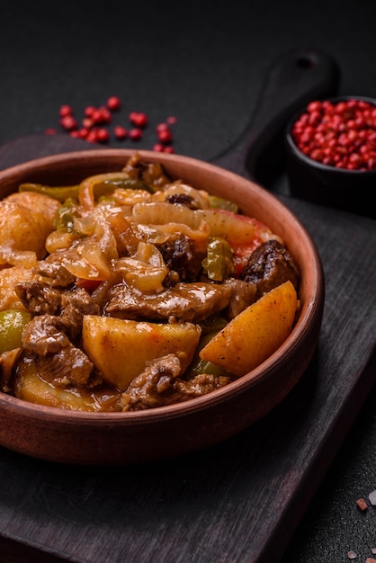 Delizioso stufato fresco di patate, pomodori, cipolle, carote e carne di manzo con sale, spezie ed erbe aromatiche su uno sfondo di cemento scuro