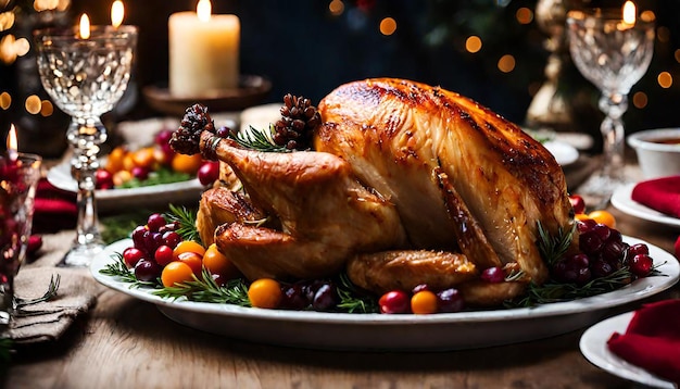 Delizioso tacchino arrosto con una crosta croccante per la cena di Natale Candele per la decorazione della casa una festa