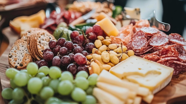 Delizioso tavolo di charcuterie con uva al formaggio e cracker