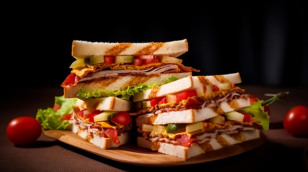 Delizioso toast Club grill sandwich con pollo e formaggio per colazione