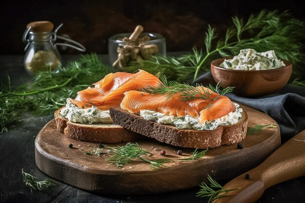 Delizioso toast integrale con salmone affumicato e crema di formaggio