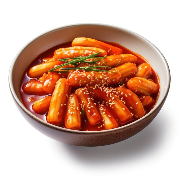 Delizioso Tteokbokki coreano in una ciotola su sfondo bianco IA generativa